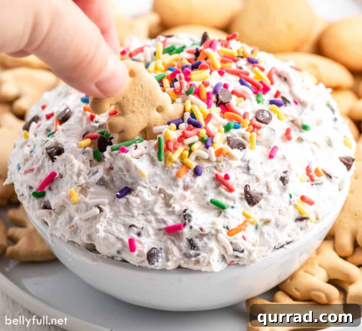 A hand gracefully dipping a playful animal cracker into a bowl of luscious Funfetti Dip, showcasing the dip's inviting texture and the joy of tasting this sweet treat.