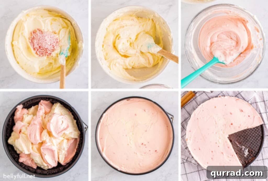 A collage of 6 step-by-step images demonstrating the process of making peppermint cheesecake, from crust preparation to chilling.