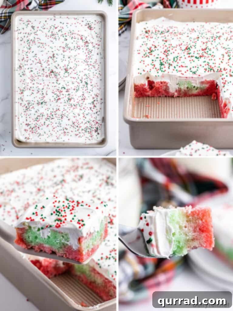 Jiggly Holiday Poke Cake 4 A four-picture step-by-step guide illustrating how to make Christmas Jello Poke Cake, from mixing to topping.