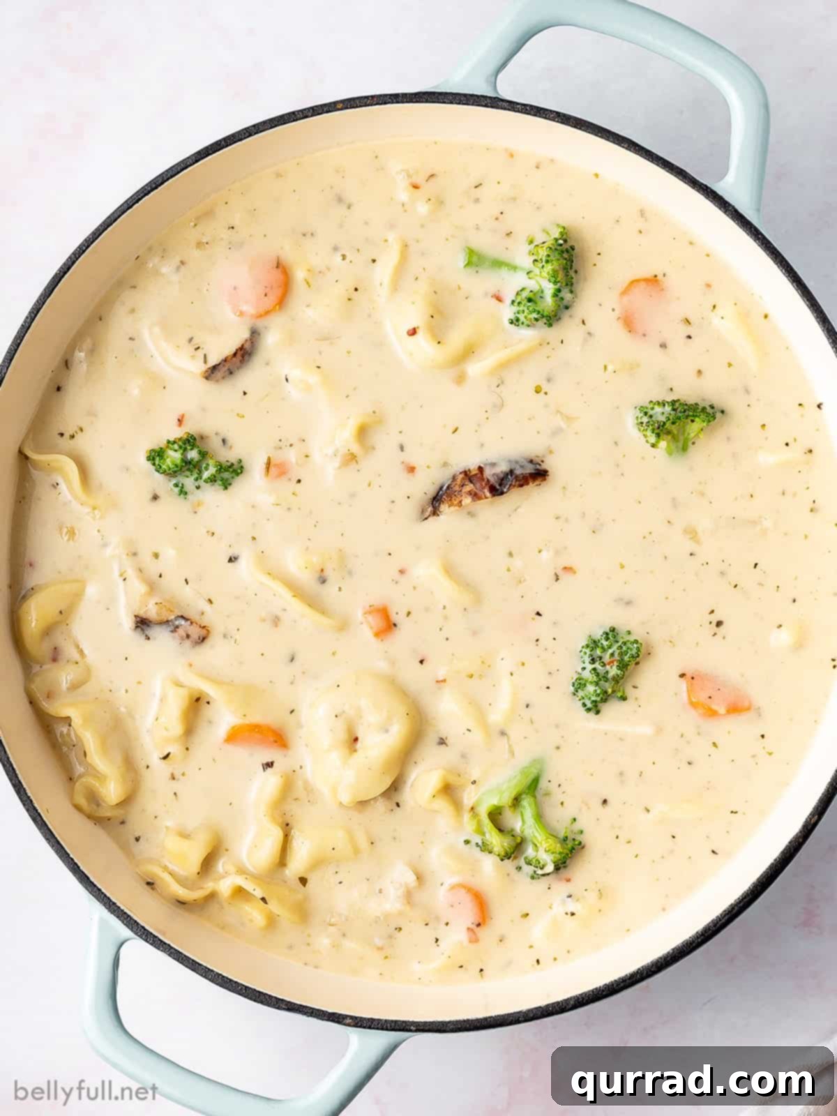 Creamy Parmesan Chicken Tortellini Soup 2 Overhead view of a pot of chicken alfredo tortellini soup, showcasing its rich, creamy texture and vibrant ingredients.