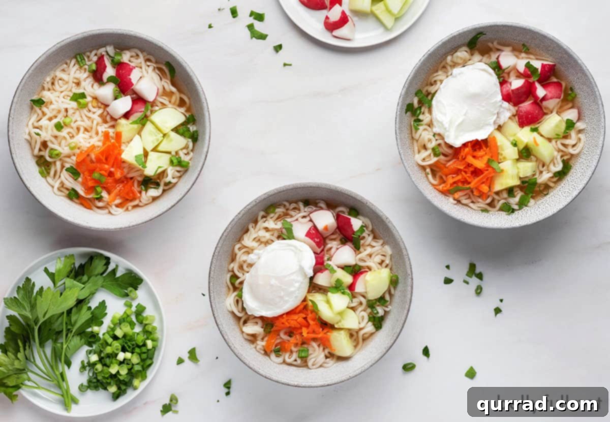 Three steaming bowls of Hot and Sour Ramen Soup presented side-by-side, ready to be enjoyed.