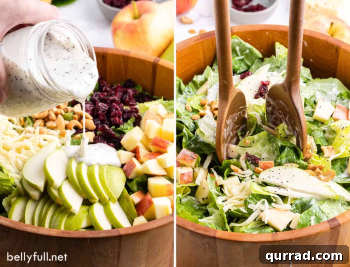 Two sequential process shots of preparing pear salad, showing ingredients being tossed and then dressed.
