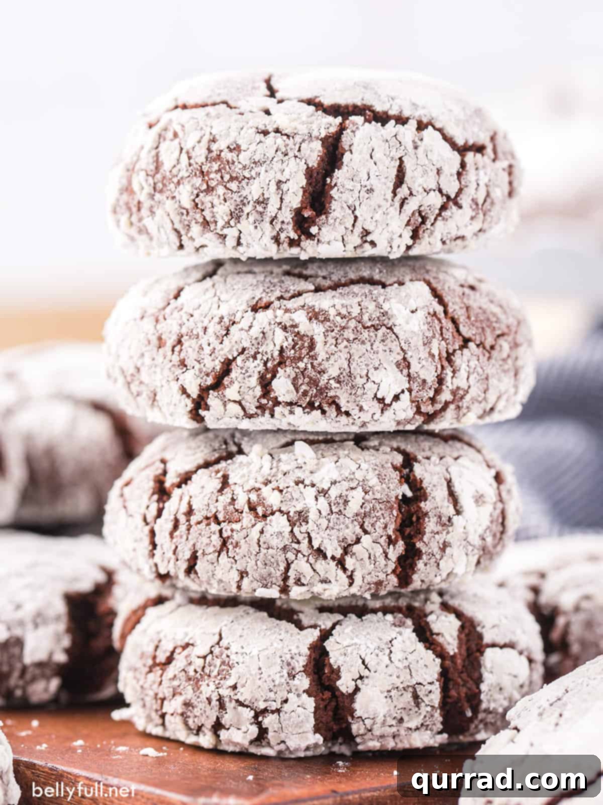Fudgy Chocolate Crinkles 2 A stack of perfectly crackled, soft, and chewy chocolate crinkle cookies, dusted with powdered sugar.