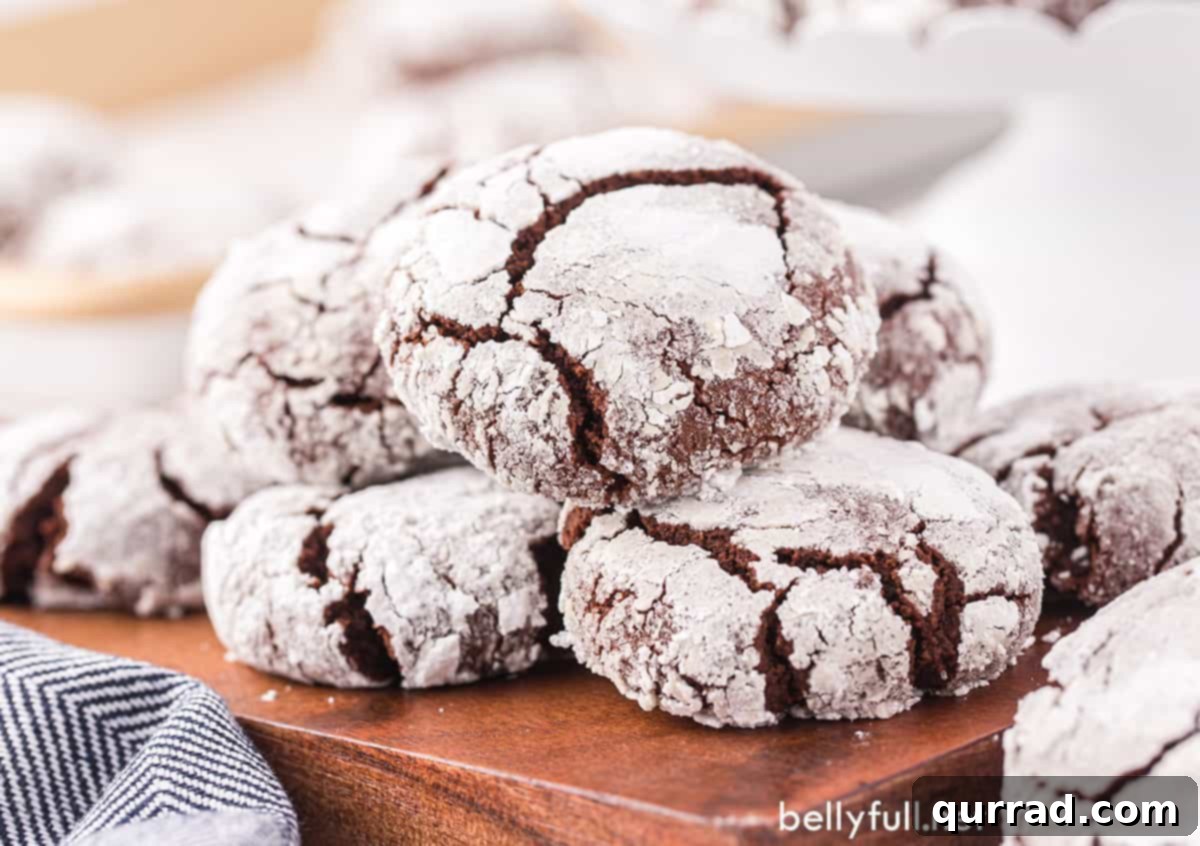 Fudgy Chocolate Crinkles 3 Close-up of chocolate crinkle cookies on a rustic brown plate, showcasing their soft interior and distinct crackled surface.