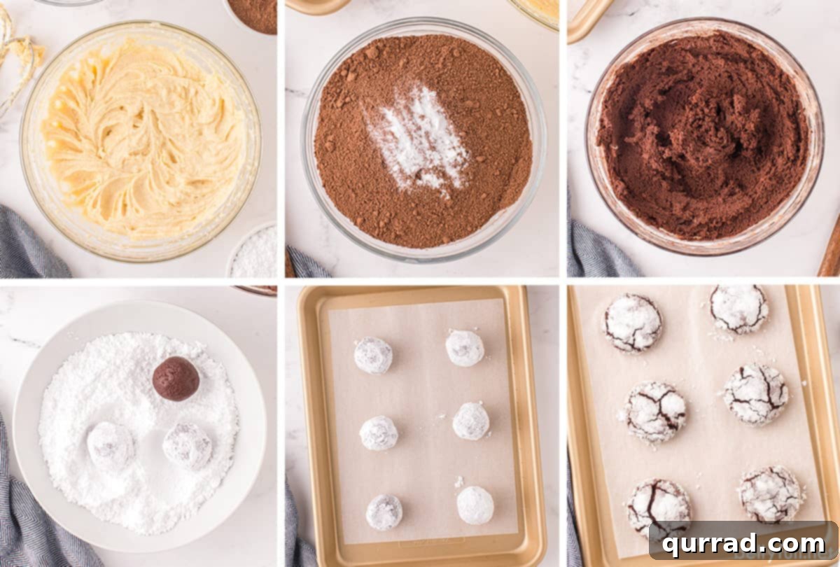 Fudgy Chocolate Crinkles 4 Step-by-step process shots showing ingredients being mixed for chocolate crinkle cookies.