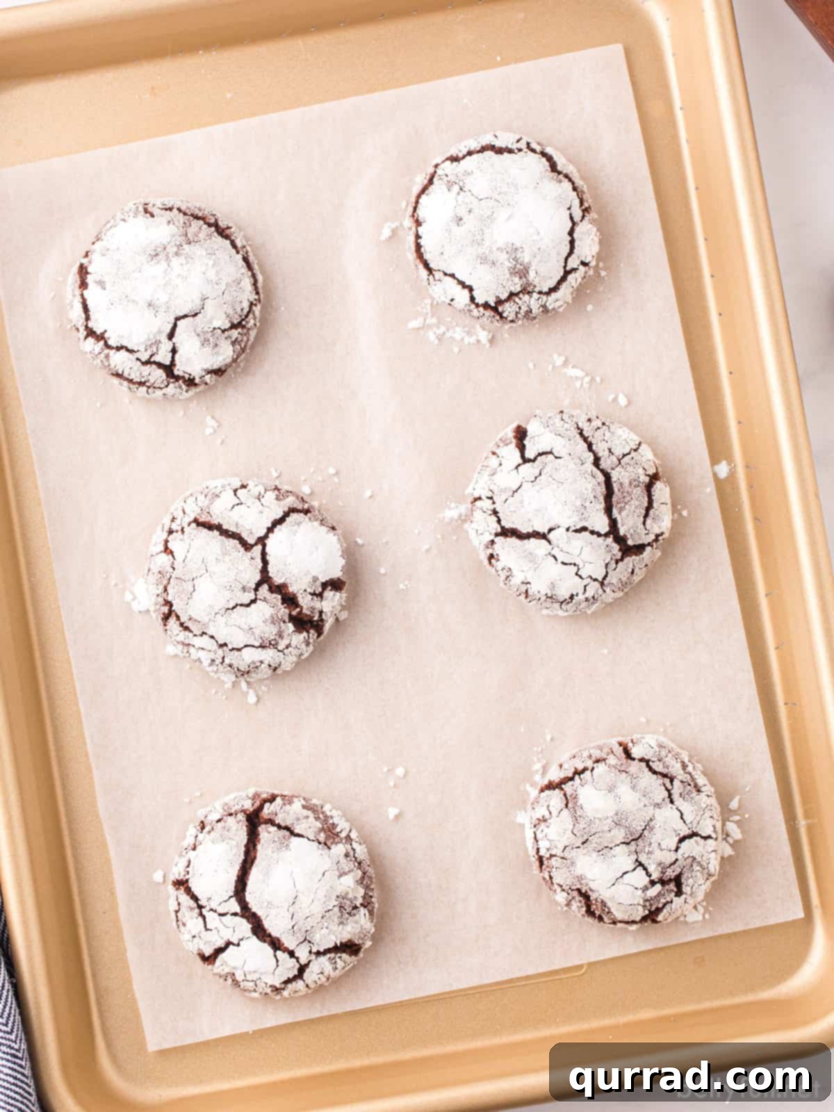 Fudgy Chocolate Crinkles 5 Overhead view of chocolate crinkle cookie dough balls generously coated in powdered sugar, ready for baking on a parchment-lined sheet.