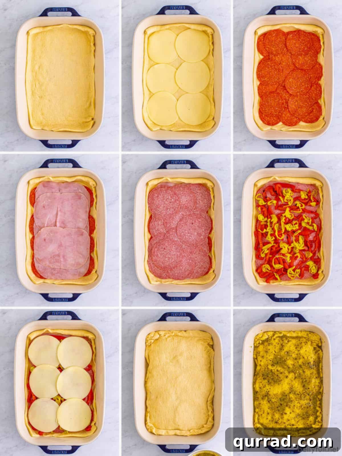 Savory Antipasto Squares 3 Step-by-step process of assembling Antipasto Squares, showing dough, layers of meat and cheese.