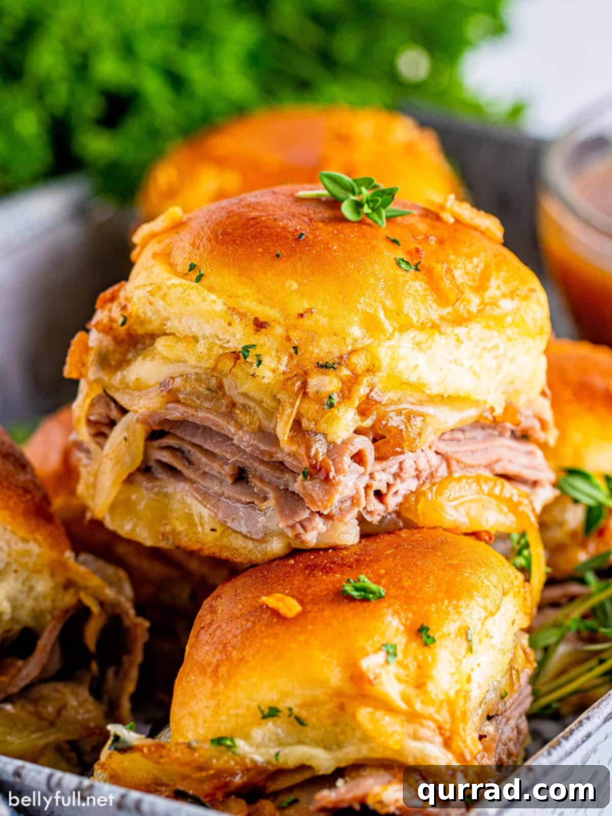 Irresistible French Dip Sliders 2 French dip sliders in a bowl