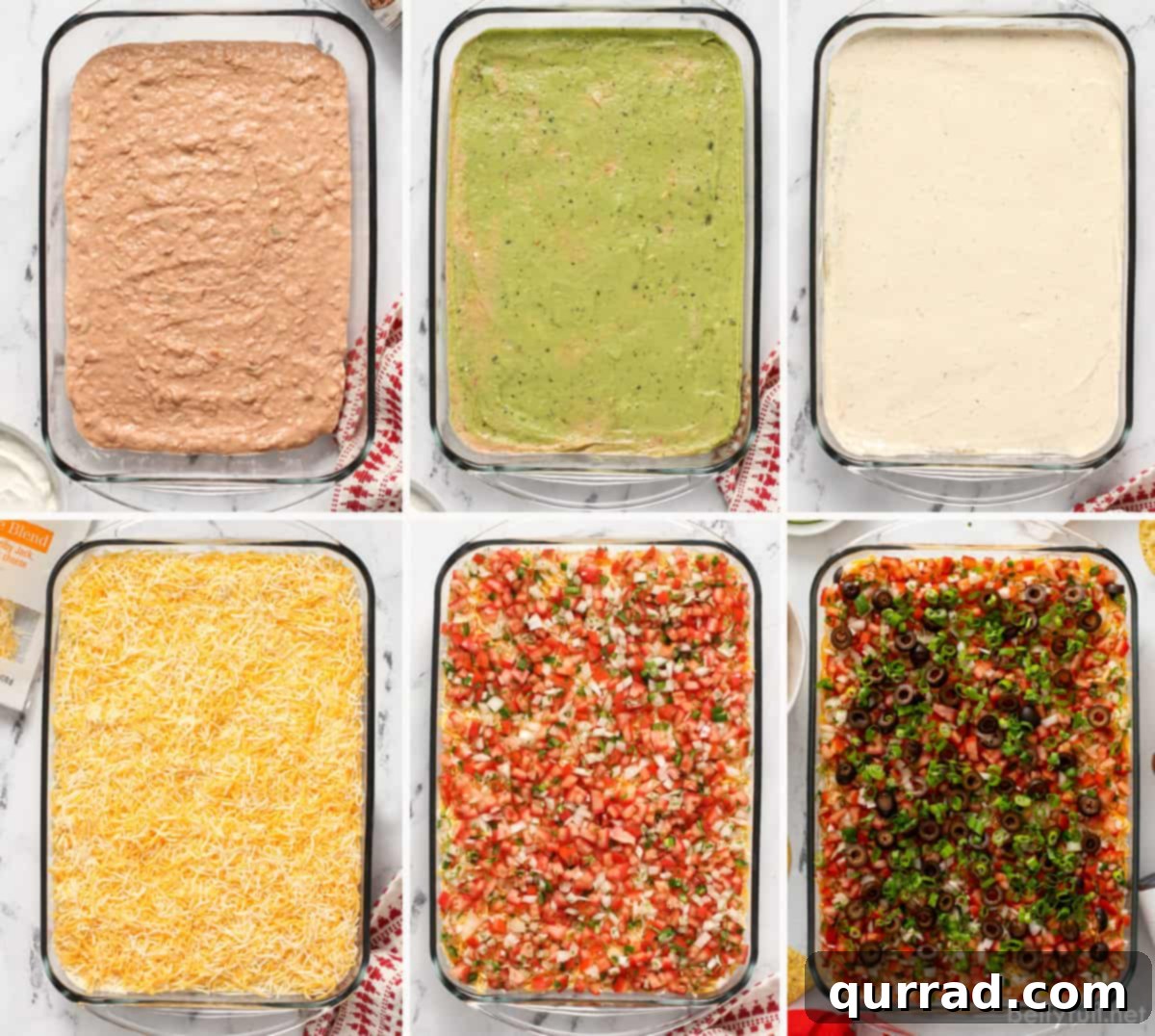 Ultimate Seven-Layer Dip 12 A collage showing the layer-by-layer process of assembling a 7 layer dip.