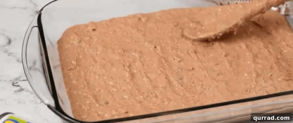 Ultimate Seven-Layer Dip 7 Bean layer smoothly spread into a rectangular baking dish.