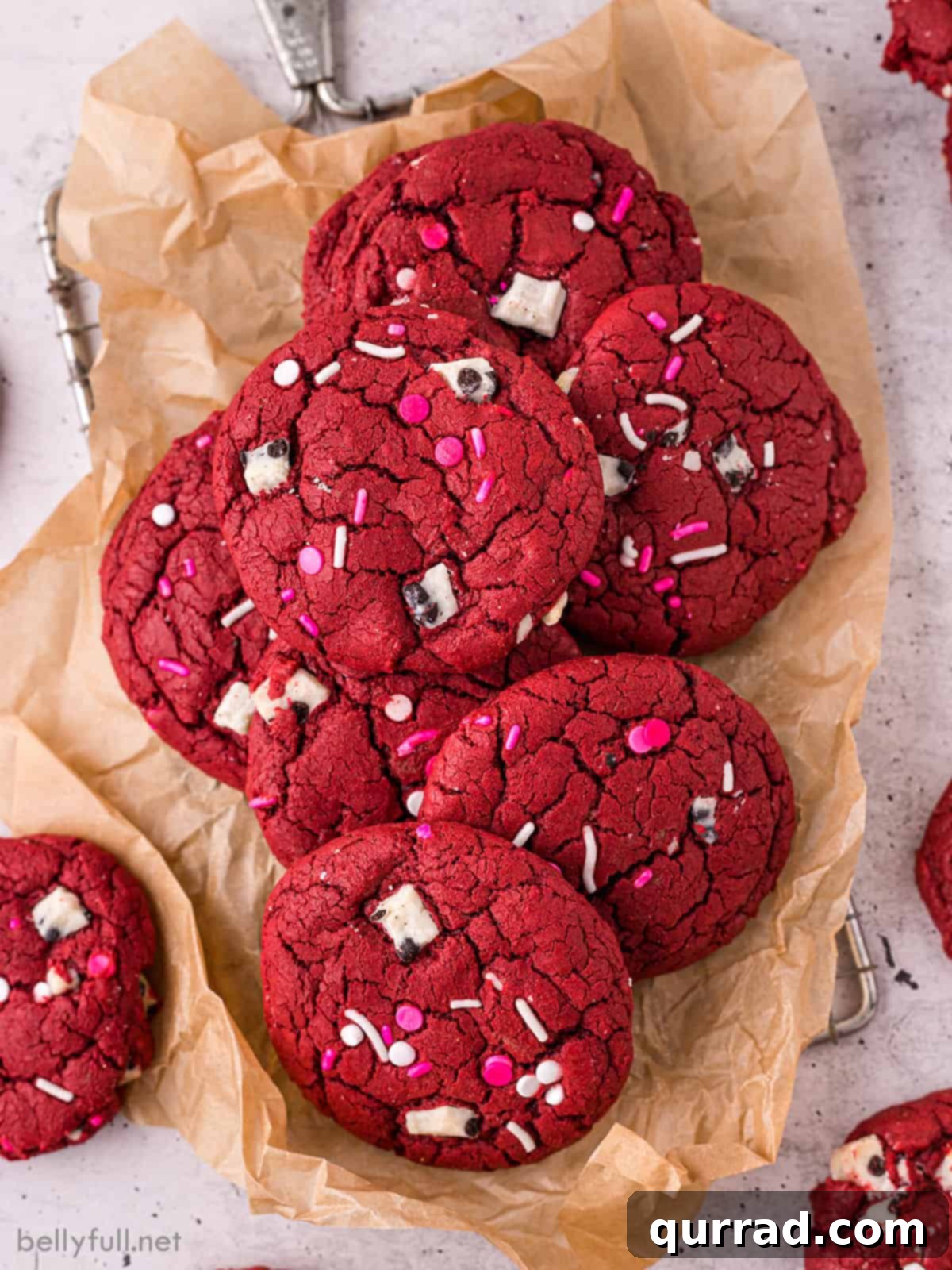 Overhead view of red velvet cookies in a basket, showcasing their vibrant color and inviting texture