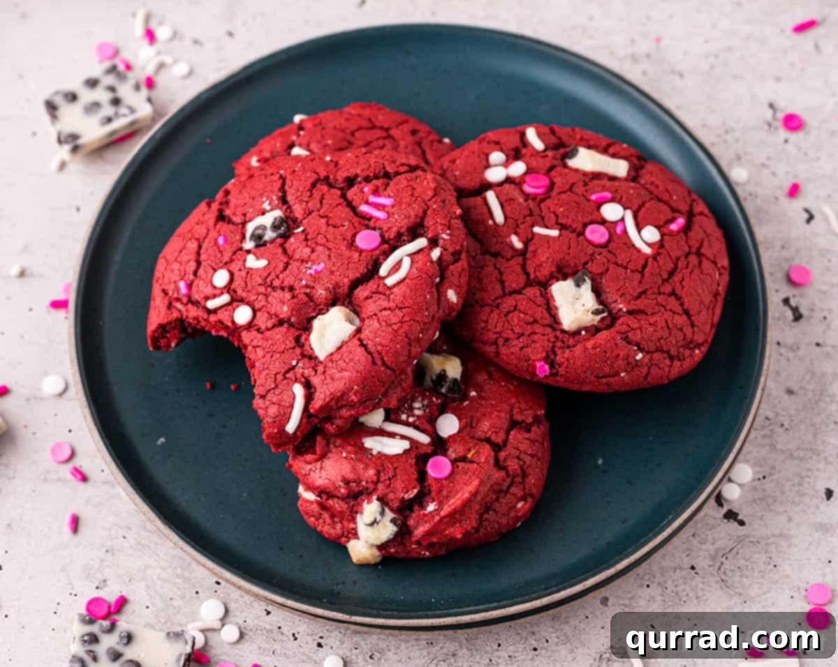 Four red velvet cookies on a blue plate, one cookie with a bite missing, showing its soft interior