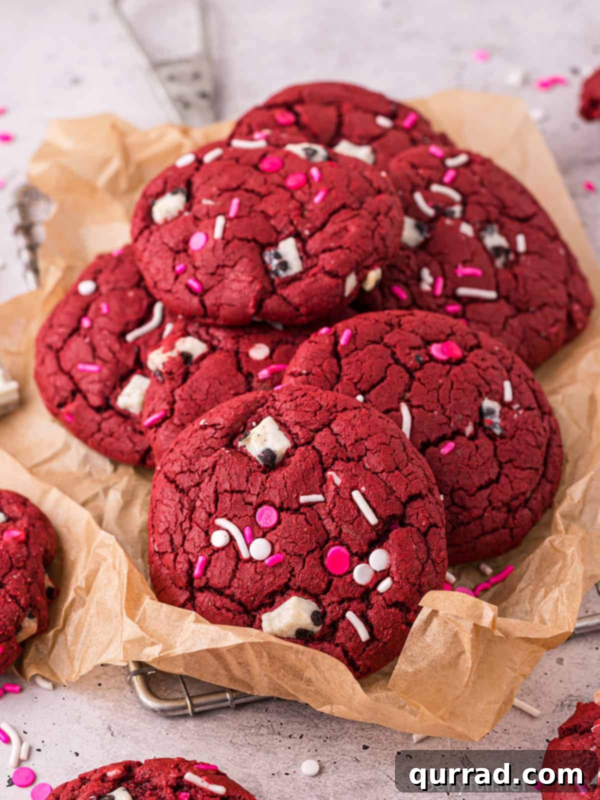 Overhead view of red velvet cookies in a basket, freshly baked and ready to be enjoyed