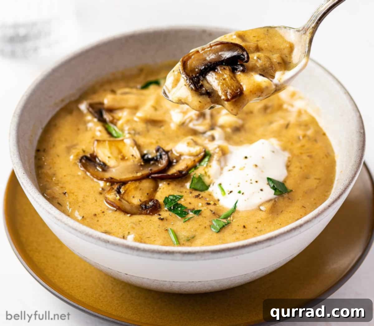Creamy Paprika Mushroom Soup 6 A spoon poised over a bowl of hearty Hungarian mushroom soup