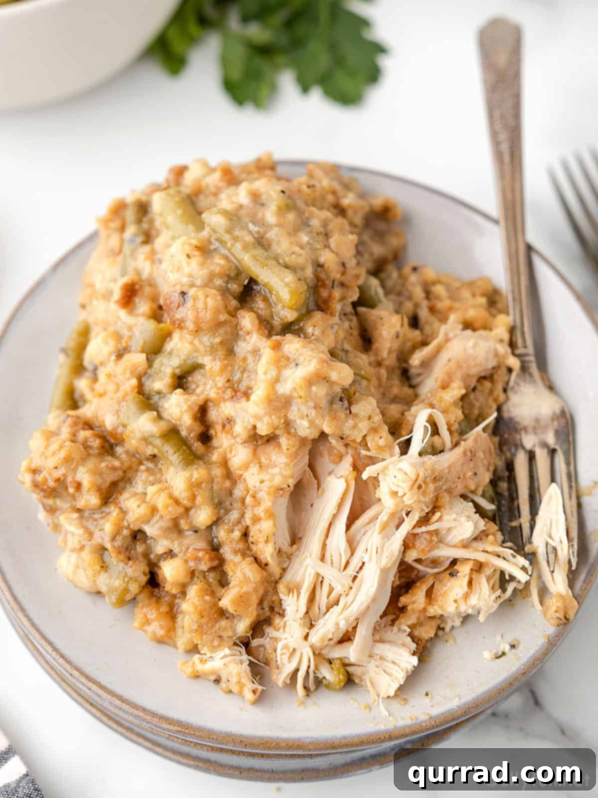 Homestyle Slow Cooker Chicken and Stuffing 2 Crockpot chicken and stuffing on a white plate, showcasing a complete, hearty meal
