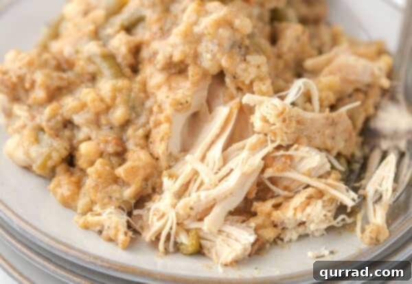 Serving of Crockpot Chicken and Stuffing on a white plate