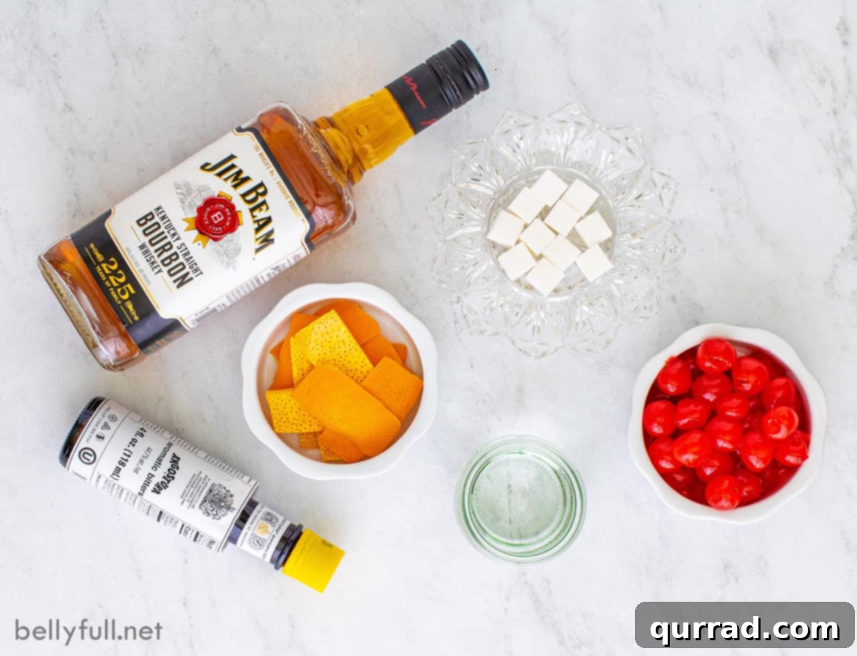 Timeless Elegance 3 Old Fashioned cocktail ingredients laid out: bourbon, Angostura bitters, sugar cubes, oranges, and maraschino cherries.
