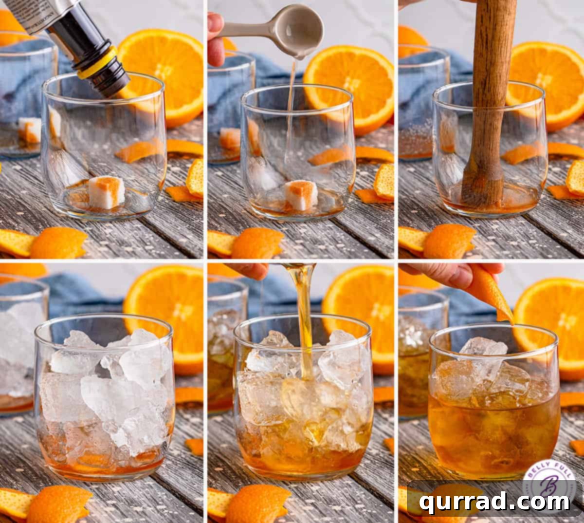 Timeless Elegance 5 Six sequential process shots demonstrating how to make an Old Fashioned cocktail, from muddling to final garnish.