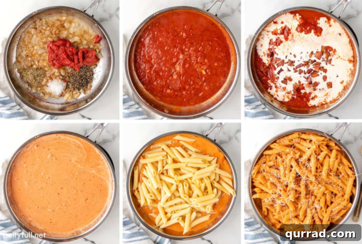 Six penne alla vodka process shots