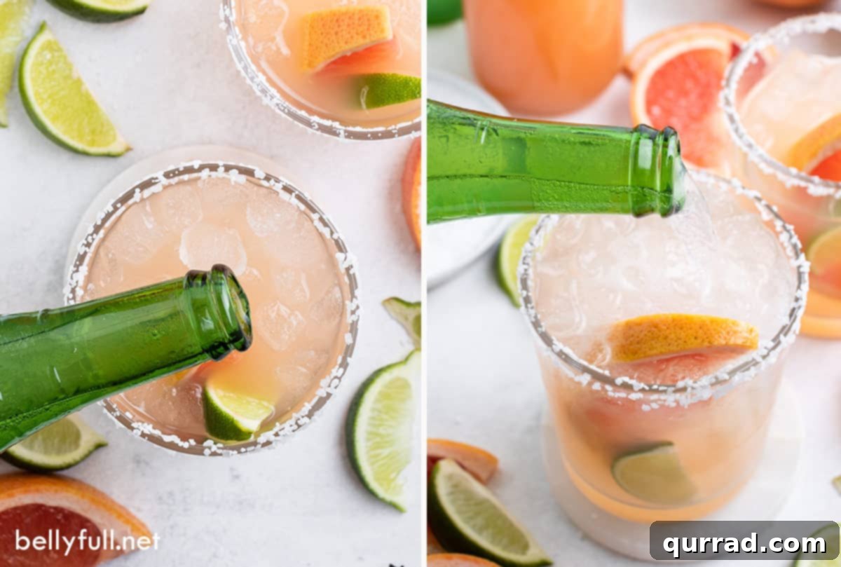 Two process shots showing a Paloma cocktail being made, from mixing to garnishing.