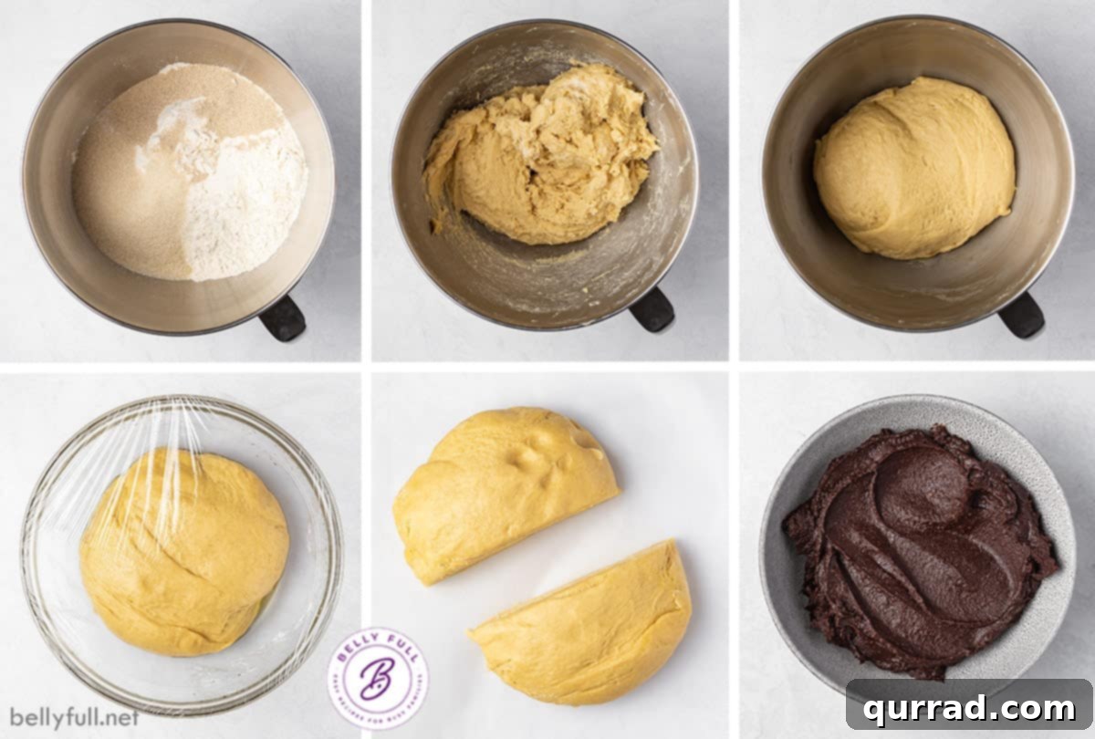 Decadent Chocolate Babka 4 Six sequential process shots illustrating various stages of making babka dough and preparing the filling.