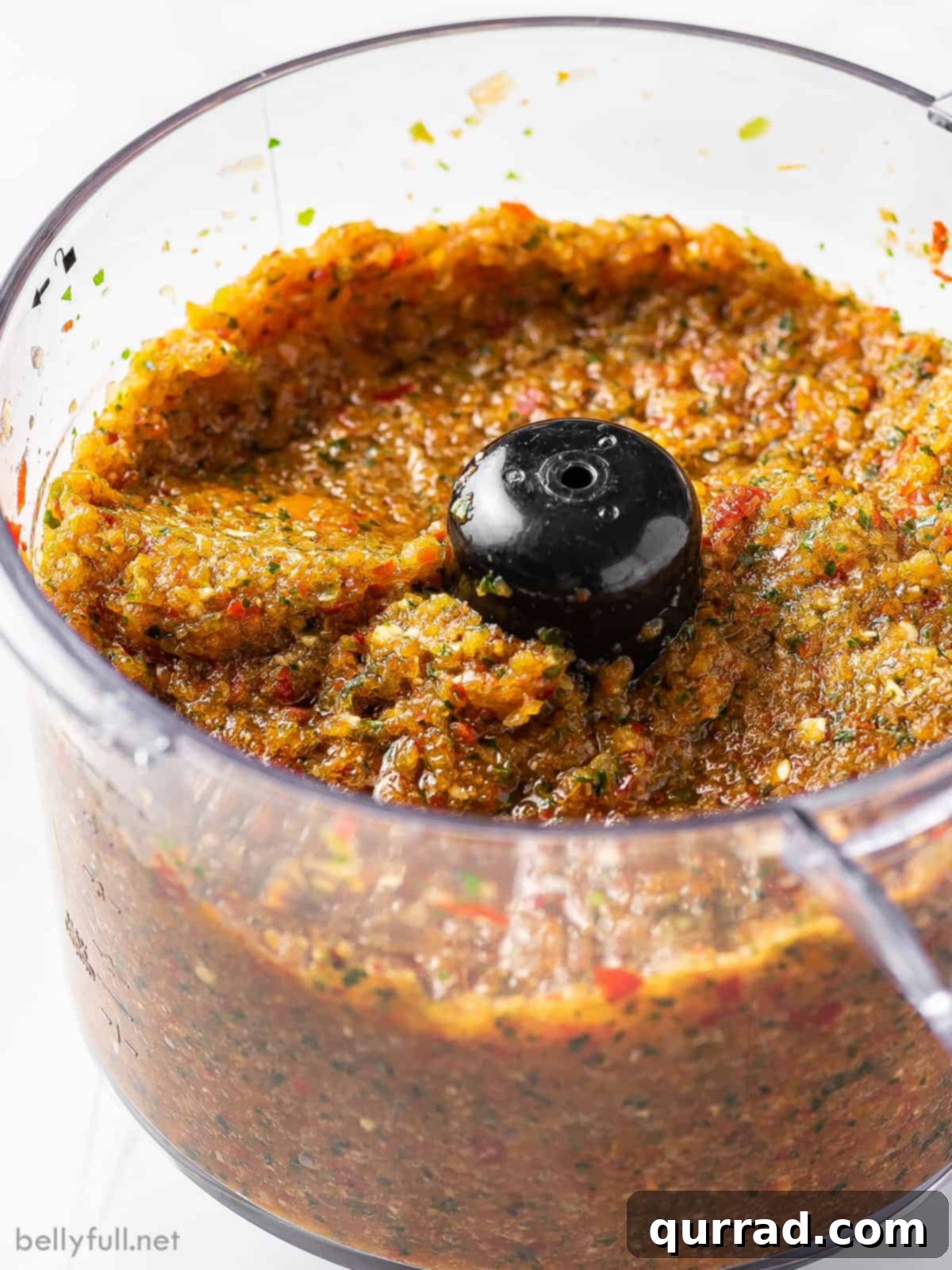 The Flavorful Foundation 4 Pureed onions, various colorful peppers, and fresh herbs blended to a thick, consistent paste in a food processor bowl.