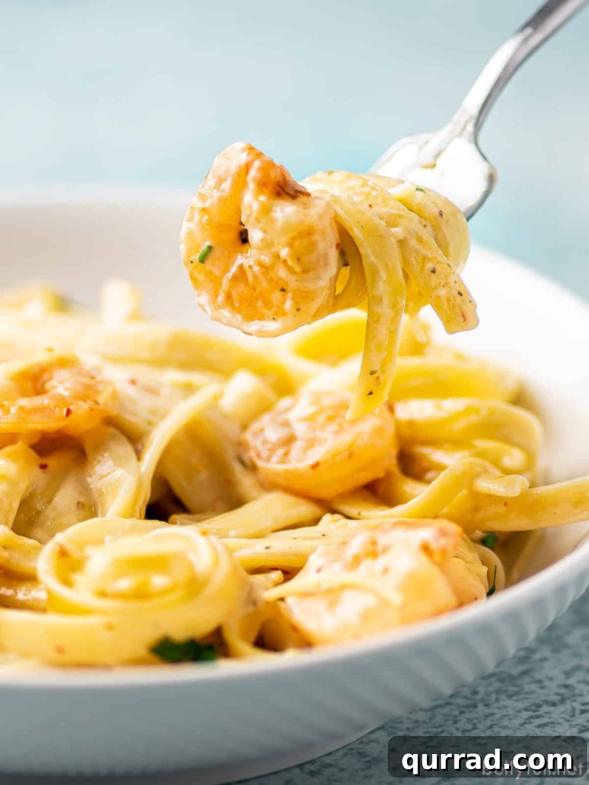 Creamy Garlic Shrimp Alfredo 4 creamy shrimp and fettuccine pasta on fork