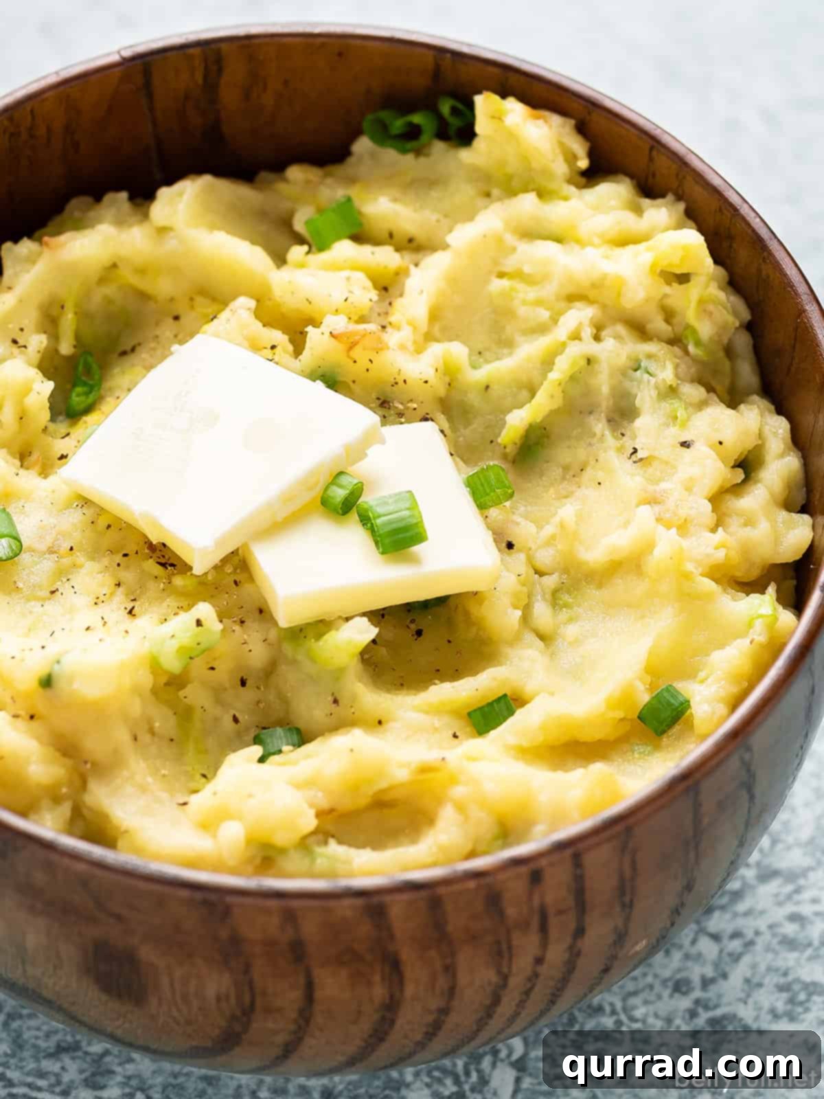 Overhead view of a bowl of Colcannon Irish mashed potatoes