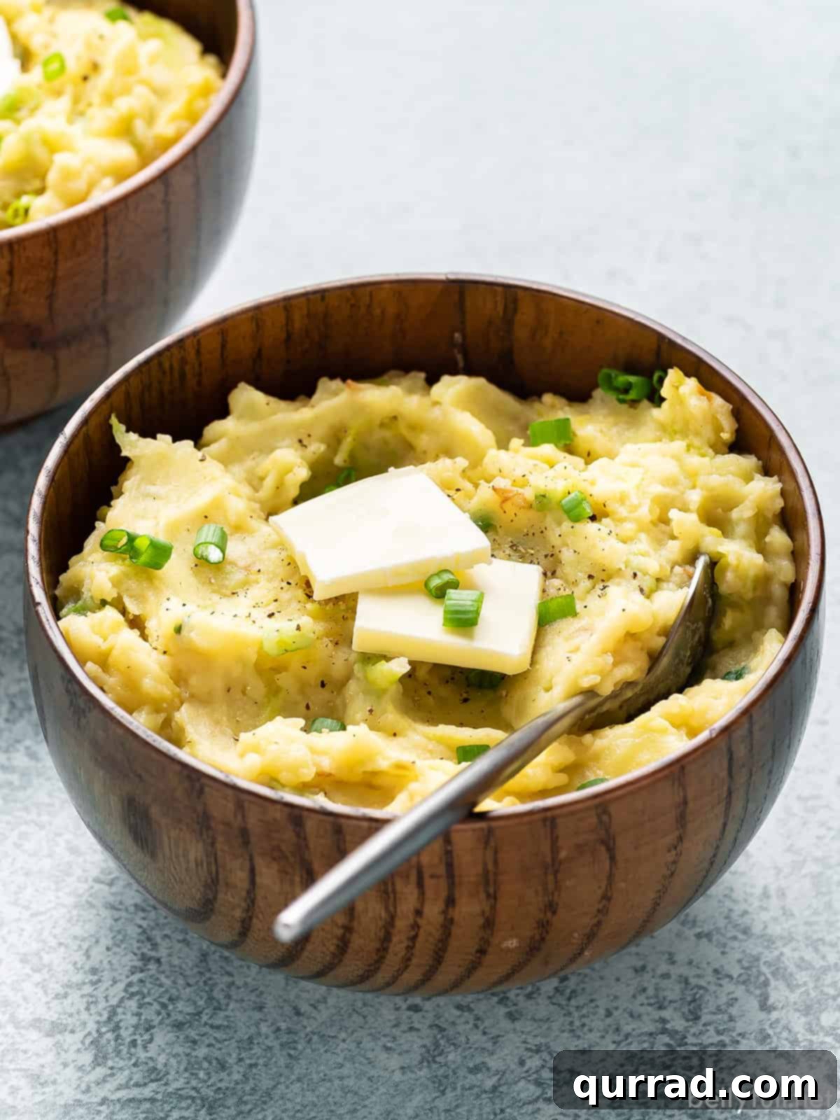 Angled view of a bowl of Irish mashed potatoes