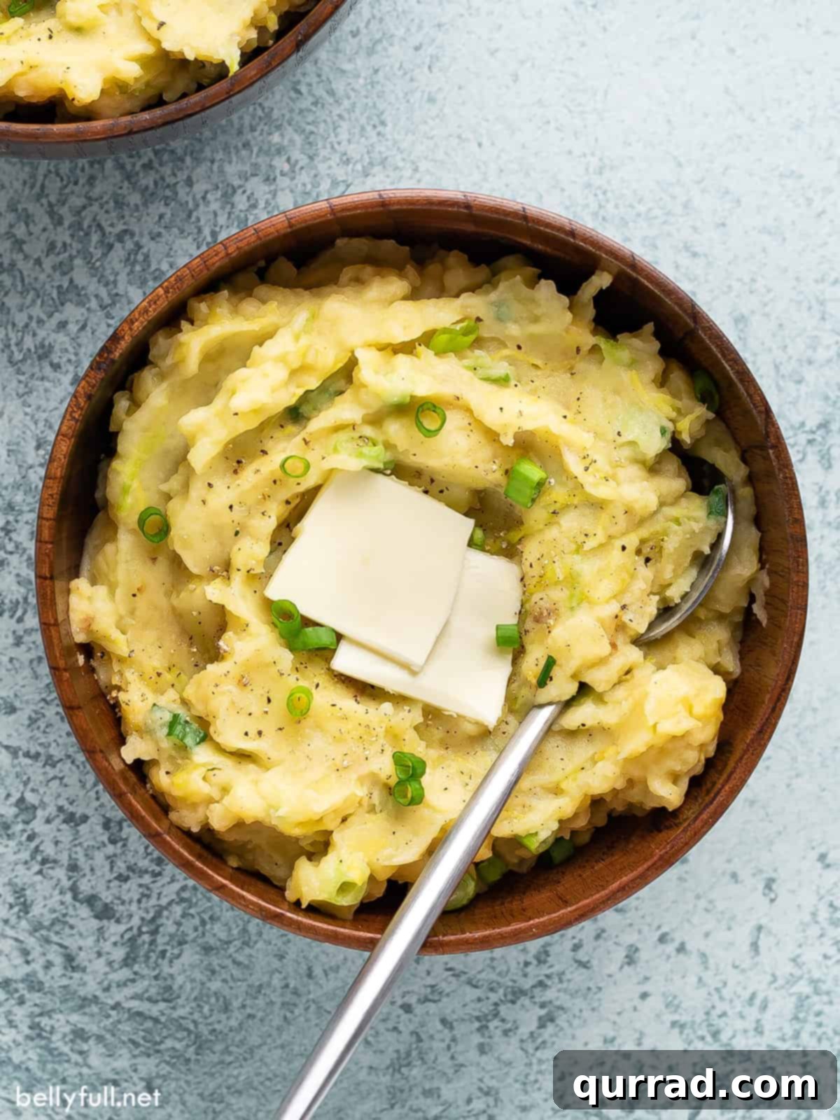 Overhead view of a bowl of colcannon mashed potatoes