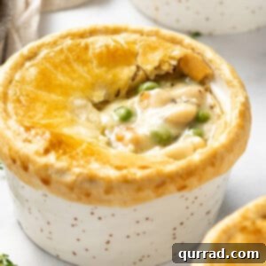 A perfectly baked individual chicken pot pie in a ramekin