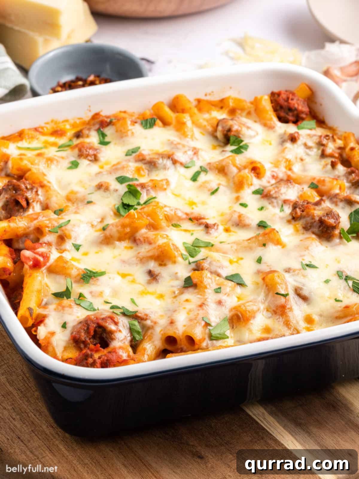 Angled view of baked ziti
