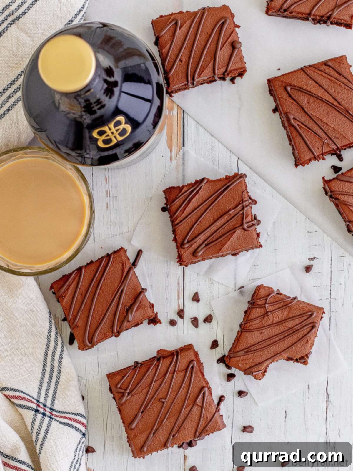 Decadent Irish Cream Brownies 4 overhead brownies with chocolate drizzle