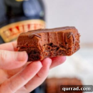 Decadent Irish Cream Brownies 6 Bailey's brownie with bite taken being held in the air