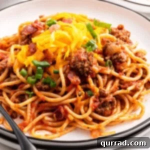 Angled view of a plate of cowboy spaghetti