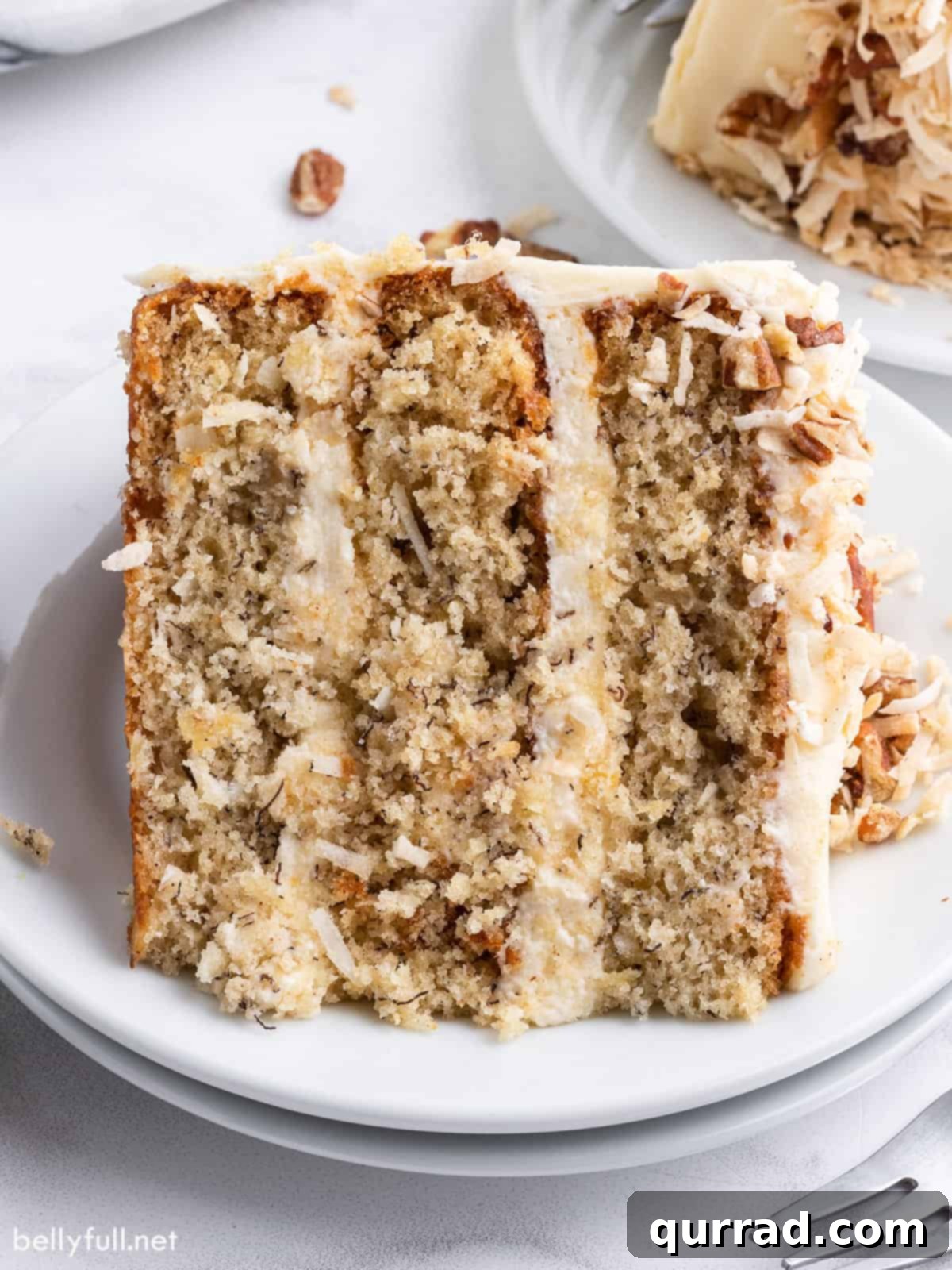 Golden Nectar Dream 5 An angled close-up view of a delicious slice of Hummingbird Cake on a white plate, highlighting its moist layers and rich caramel-cream cheese frosting.