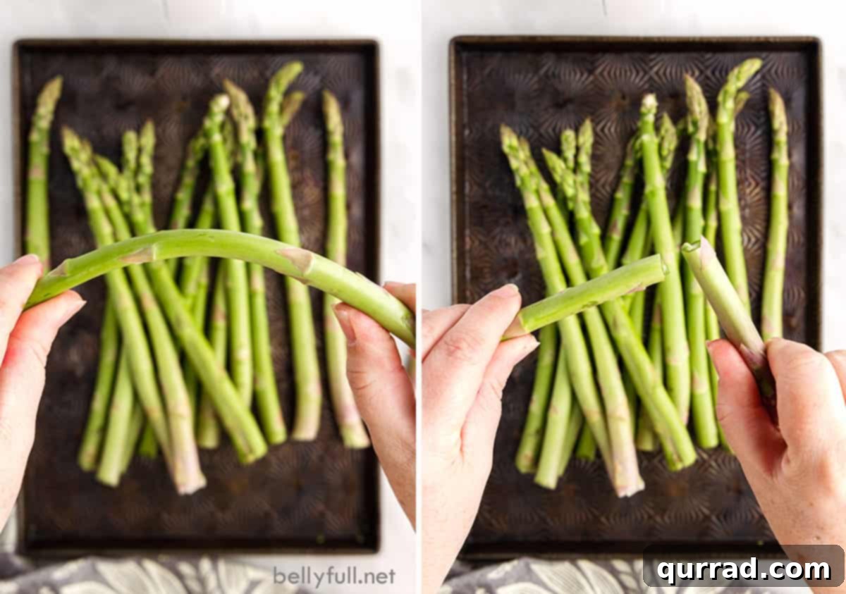 Crispy Air Fryer Asparagus 3 Two photos showing how to snap the ends off of asparagus stalks