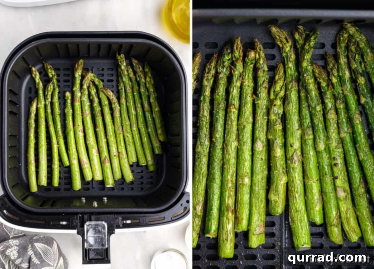 Crispy Air Fryer Asparagus 4 Two images of seasoned asparagus cooking in an air fryer basket