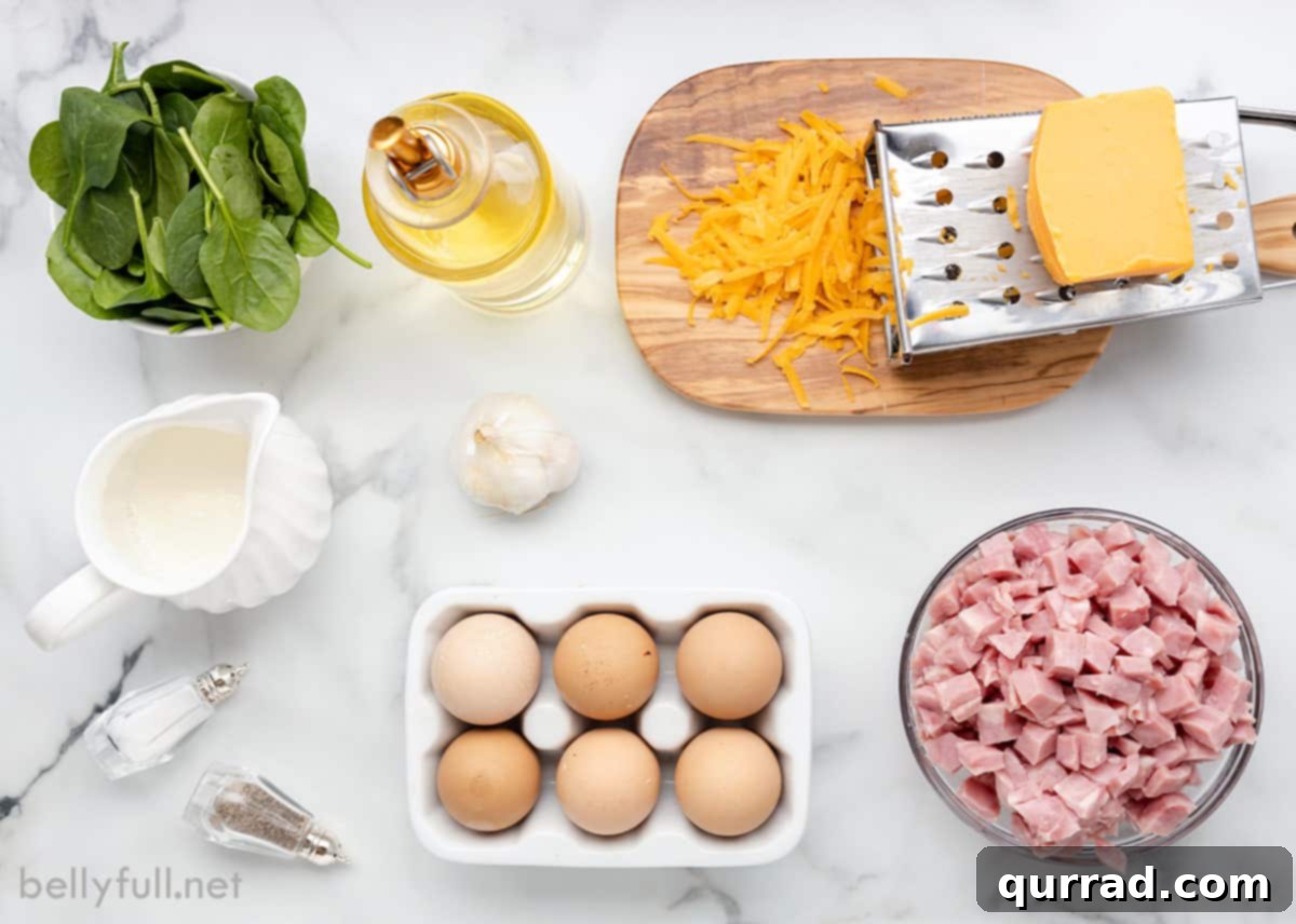 Hearty Ham and Spinach Frittata Skillet 3 A collage showing the ingredients for ham and spinach frittata laid out on a wooden board.