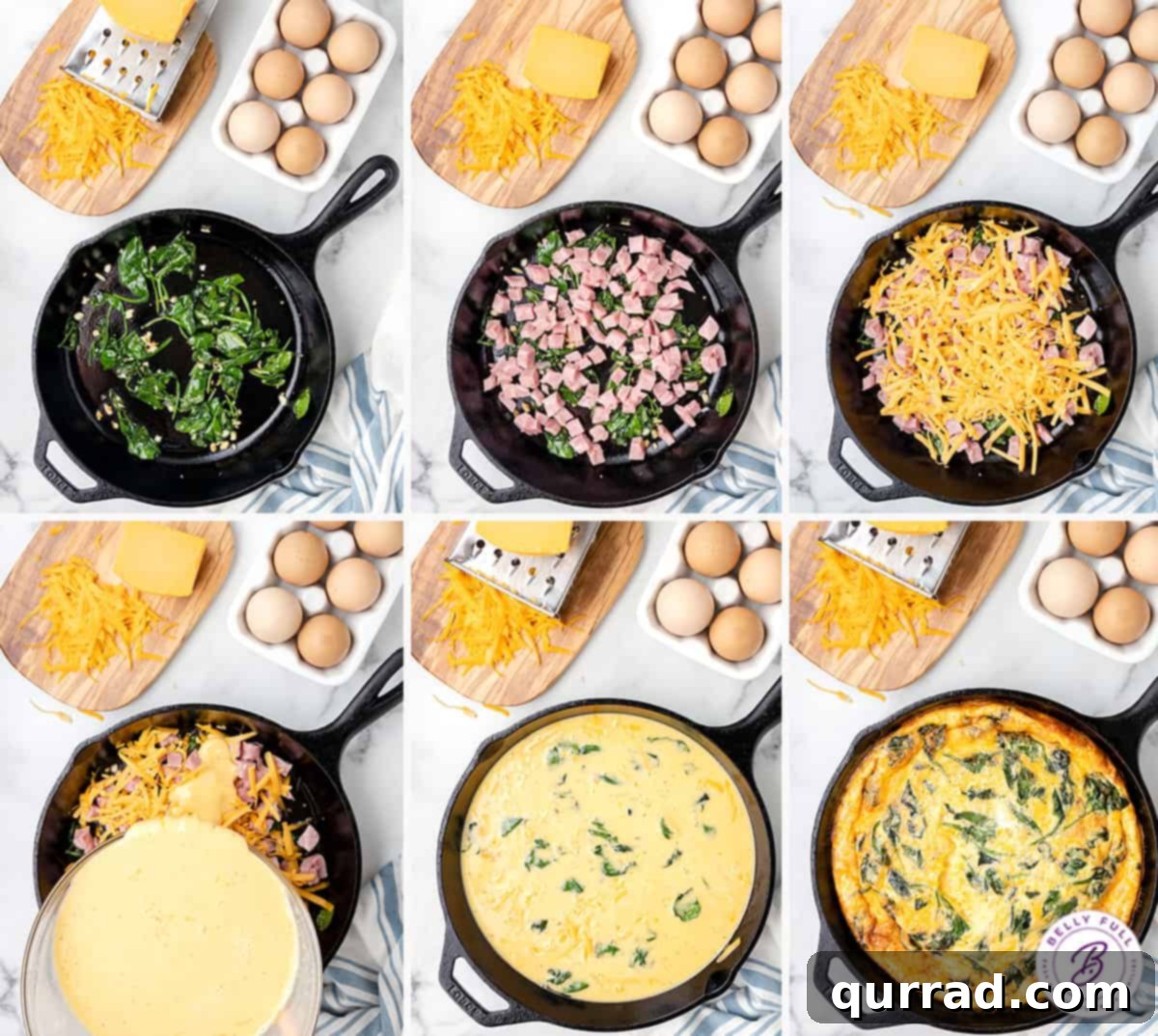 Hearty Ham and Spinach Frittata Skillet 4 A series of process shots showing the steps to make an egg frittata.