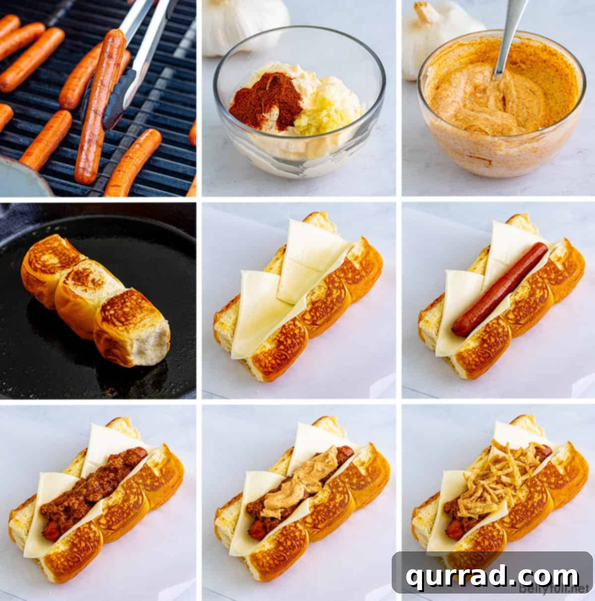Step-by-step process of assembling Dog Haus Chili the Kid copycat hot dogs, showing toasted rolls, cheese, hot dog, and chili
