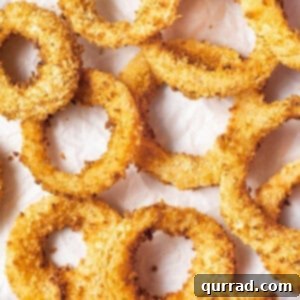 Overhead view of crispy homemade onion rings