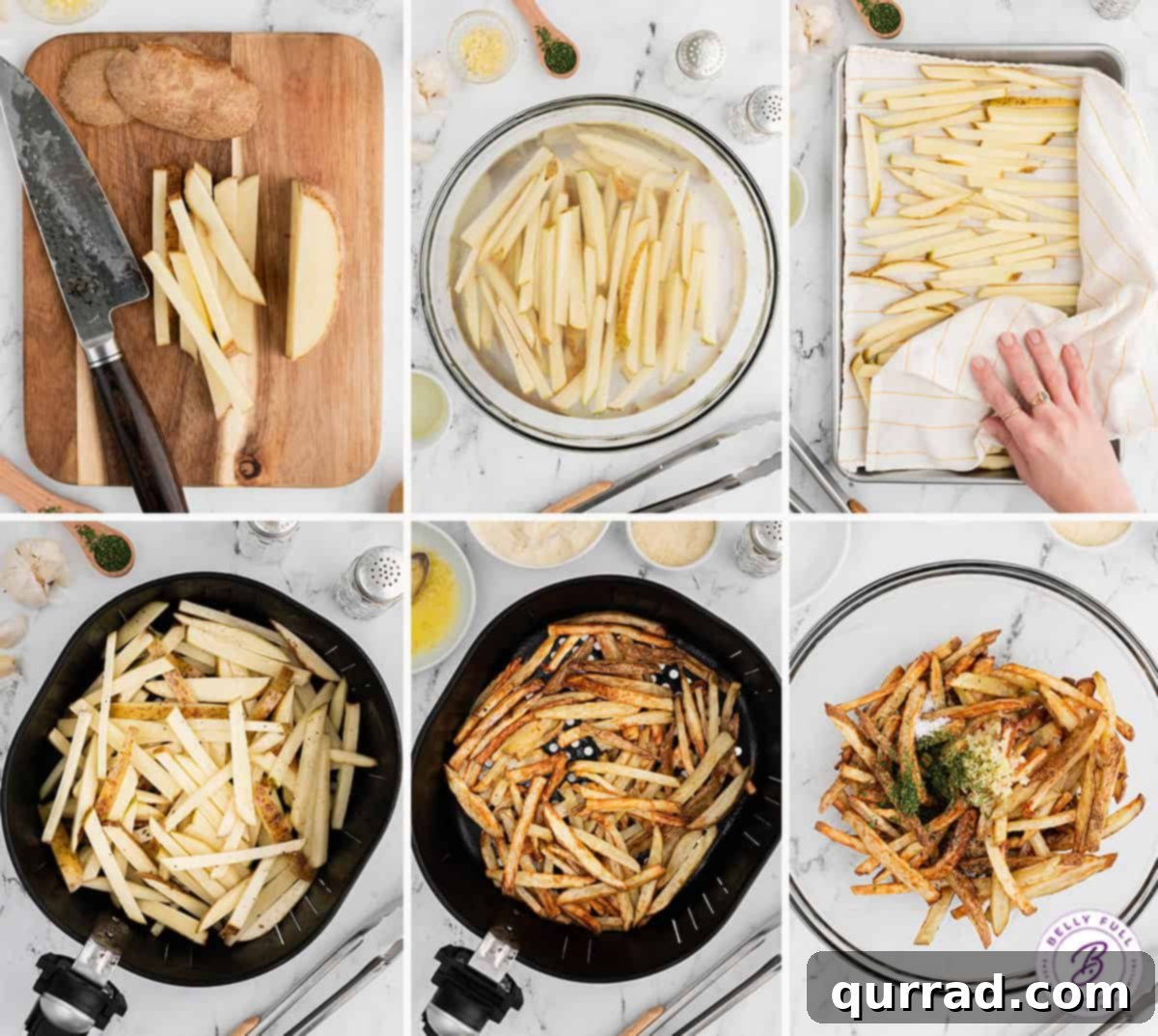 Process shots showing potatoes being cut, soaked, and seasoned before air frying.