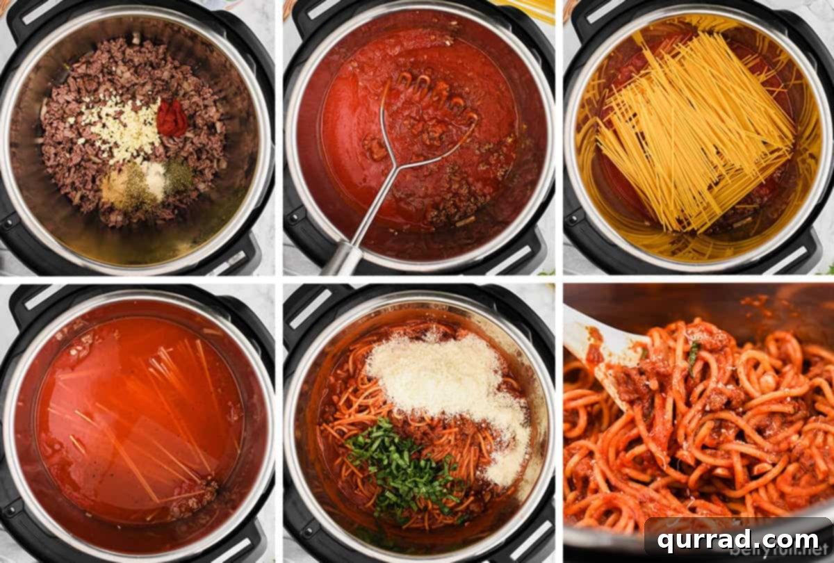 Instant Pot Spaghetti and Meat Sauce Preparation Three process images showing steps to make Instant Pot spaghetti: browning meat, adding sauce ingredients, and cooking pasta.
