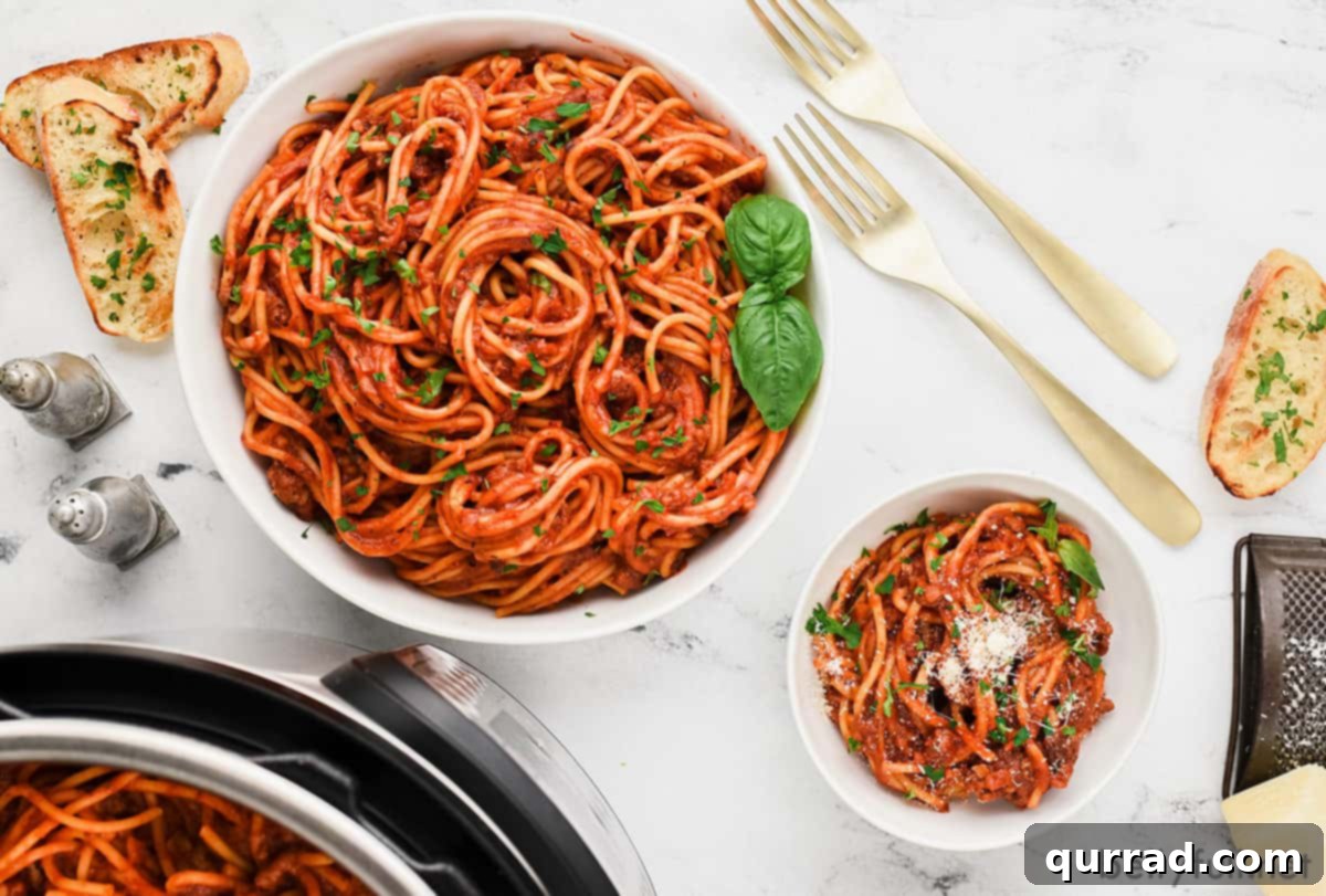 Instant Pot Spaghetti and Meat Sauce for Family Meal Overhead view of a large serving bowl and a smaller individual bowl of Instant Pot spaghetti with meat sauce.