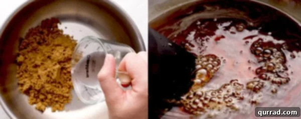 brown sugar syrup simmering in pot