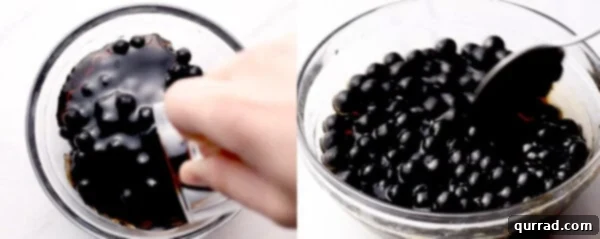 cooked black tapioca pearls in bowl with syrup
