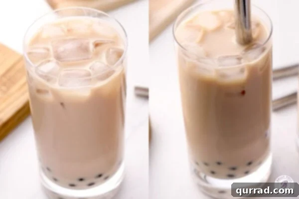 creamy boba tea in glass with straw
