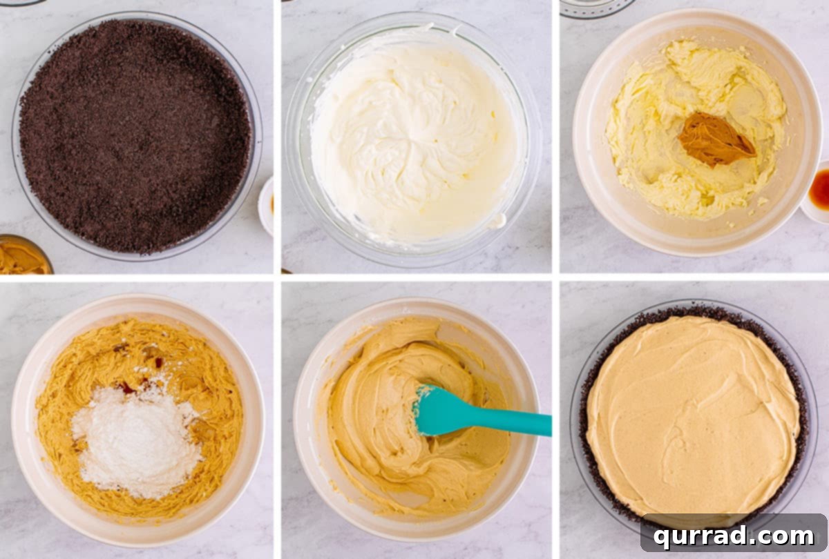Chilled Peanut Butter Perfection 4 A collage of six close-up process shots illustrating the steps to make No Bake Peanut Butter Pie. Images include crushing Oreos, mixing butter into crumbs, whipping cream, beating cream cheese, combining ingredients, and smoothing the filling into the crust.