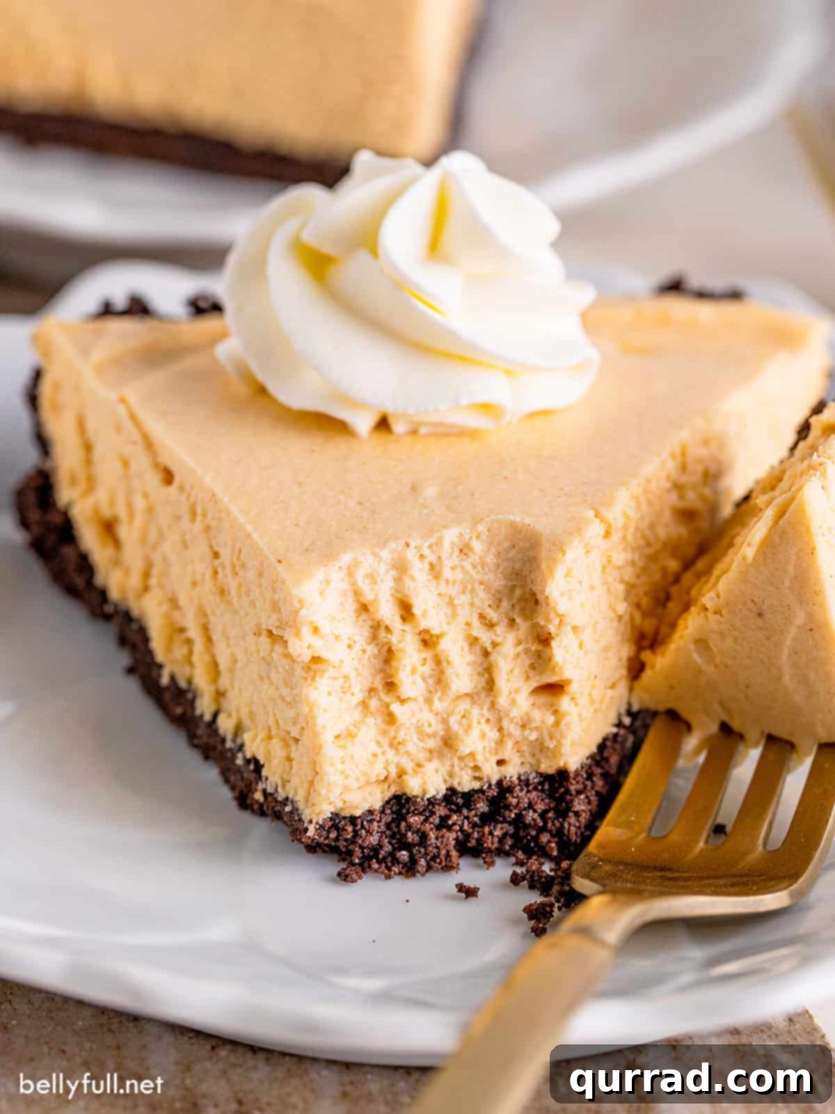 Chilled Peanut Butter Perfection 6 A slice of No Bake Peanut Butter Pie on a white plate with a small bite missing, taken by a fork resting beside it. The texture of the creamy filling and crunchy crust is visible, inviting a taste.